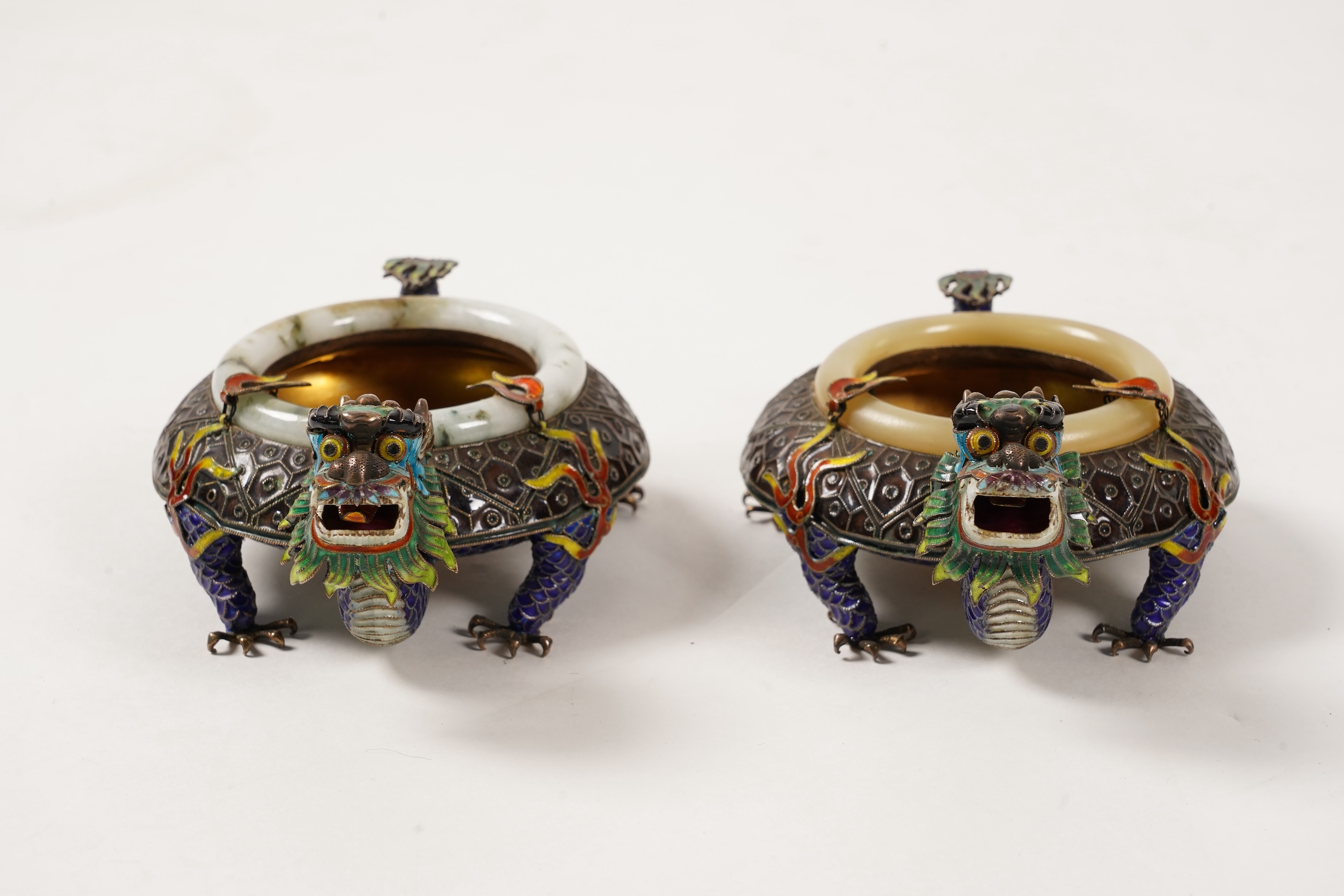 A pair of Chinese silver-gilt and enamel ’dragon’ bowls, 20th century